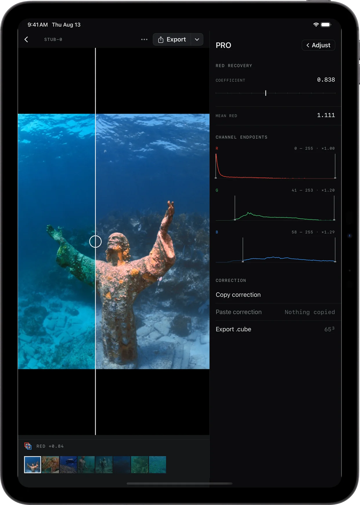 Bring Back Red on an iPad: the Christ of the Abyss statue, blue-green on the left of the seam and its bronze restored on the right, with a permanent inspector column beside it showing the coefficient, the mean red and a histogram for each channel.
