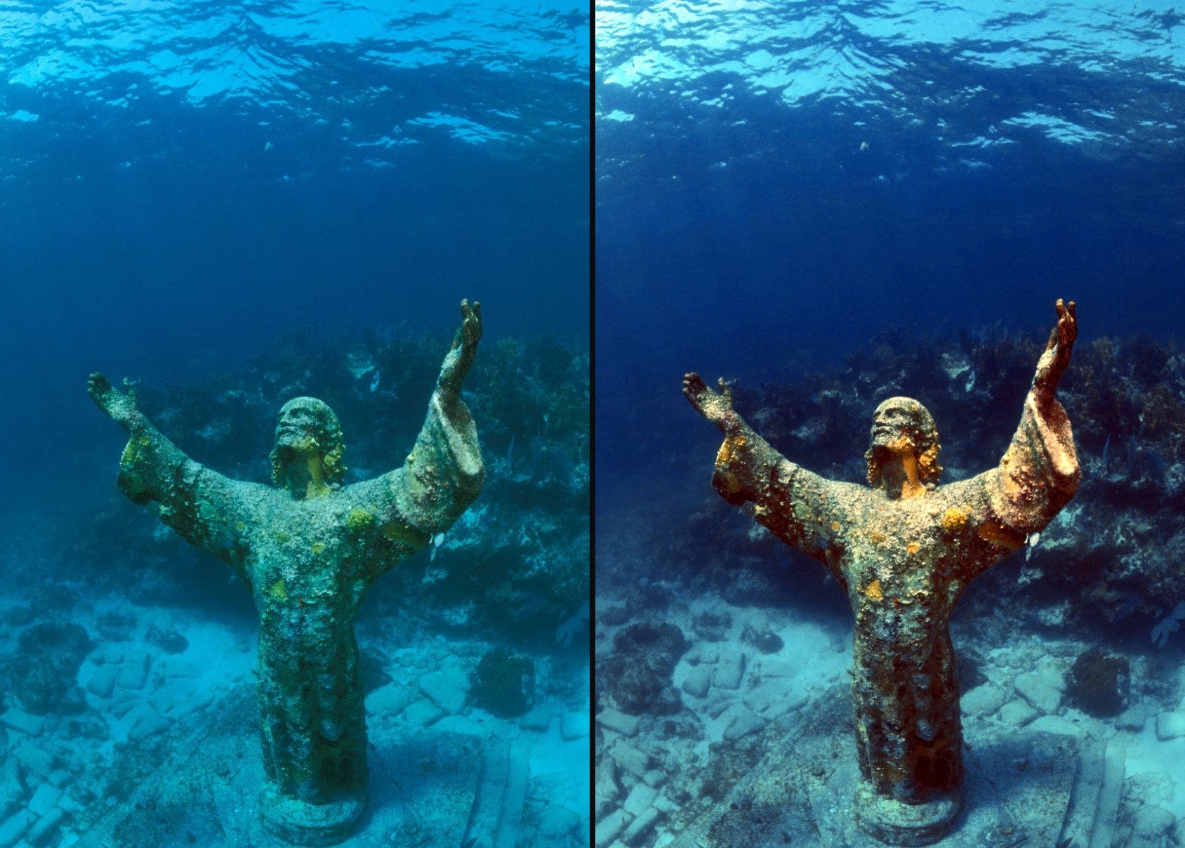 An underwater statue, the blue original beside the restored color.